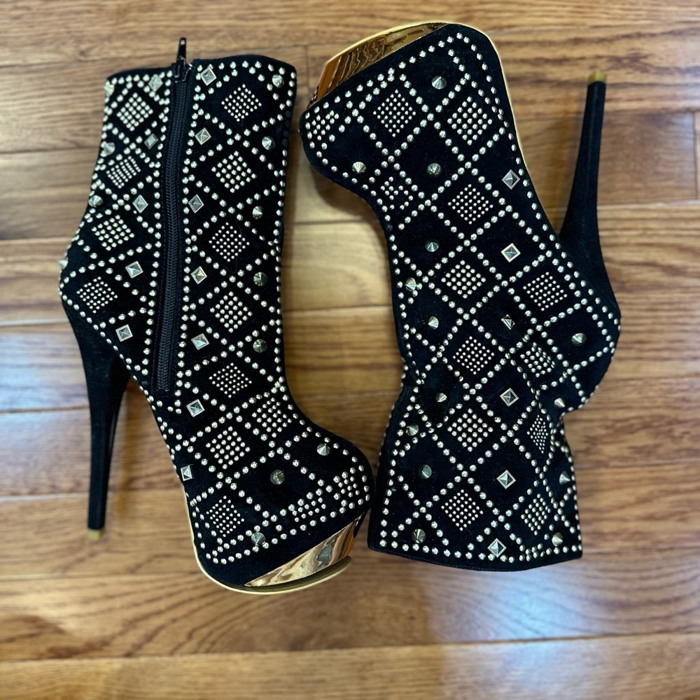 Vigo Fiore black and gold studded platform stiletto booties